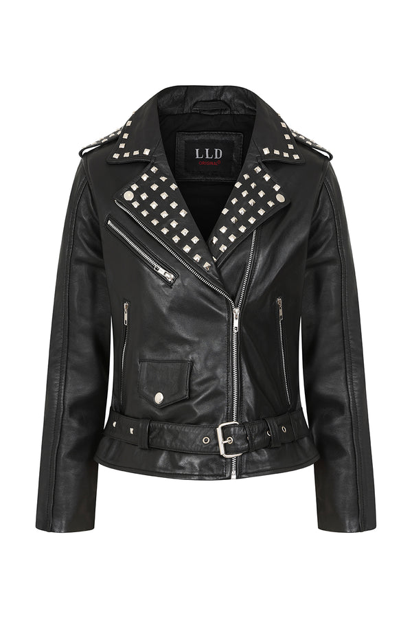 Women's Black Nappa Leather Rock Chic Jacket Red Lining - Tatiana 1